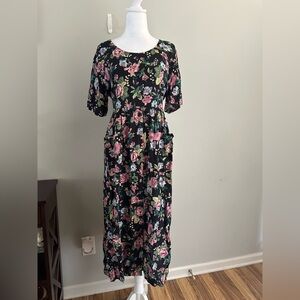 Vintage Erika Women’s Sun Casual Floral Rayon Midi Dress With Pockets Sz L